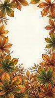 Autumn foliage border frame with hand-drawn fall leaves in warm orange, gold, and green tones on cream background. Isolated design element for seasonal greeting cards, invitations, and autumn-themed projects.