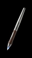Stylus pen with metallic silver barrel and brown leather grip, isolated on transparent background, ready for design use on t-shirts, clipart, stickers, and print-on-demand products.