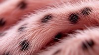 Pink fluffy fur texture with black spots in macro photography, showing soft animal coat pattern detail. Natural furry background with selective focus.