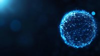 Glowing blue network sphere with connected dots and lines floating in dark space, representing global digital connectivity and technological advancement.