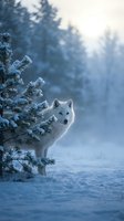 White arctic wolf standing beside frost-covered evergreen tree in snowy winter forest landscape with soft morning light filtering through misty atmosphere.