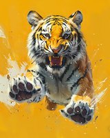 Fierce Bengal tiger leaping forward with bared fangs and extended claws against vibrant orange background, dynamic splash effect creates dramatic movement and intensity.