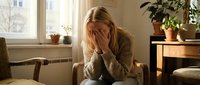 Young blonde Caucasian woman covering face with hands in distress sitting on couch in bright living room with plants. Mental health and emotional wellbeing concept.