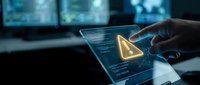 Cybersecurity alert warning triangle glowing on tablet screen with hands typing code in dark tech environment for digital security awareness campaigns.