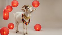 White goat with decorative collar surrounded by glowing red paper lanterns on neutral background for festive celebrations and cultural events.