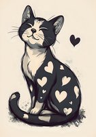 Smiling cartoon cat with heart pattern on black and white fur, sitting contentedly on beige background. Cute pet illustration.