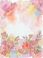 Watercolor floral frame with pink and coral flowers, hearts, and botanical elements on white background. Isolated design ready for invitations, greeting cards, and wedding stationery projects.