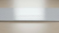 Minimalist composition featuring a white textured surface with geometric pattern divided by a horizontal metallic strip, creating clean lines and soft lighting effects.
