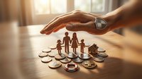 Protective hand covering family figures surrounded by coins symbolizing financial security, insurance coverage, and wealth protection planning.