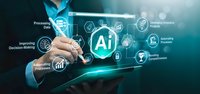 Professional businessman touching AI artificial intelligence interface with digital icons showing machine learning and automation technology concepts.