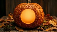 Intricately carved pumpkin lantern with ornate Celtic patterns glowing warmly among autumn leaves for Halloween decoration and seasonal home decor projects.