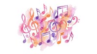 Colorful musical notes and treble clefs floating with watercolor splashes in pink, purple, and orange tones. Isolated on white background, ready for music education, event design, and creative projects.