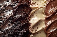Swirled dark and white chocolate background with chocolate chips and cocoa powder creating luxurious texture for dessert packaging and confectionery design.