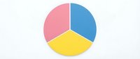 Colorful pie chart with three equal sections in pink blue and yellow on white background for business presentations and data visualization.