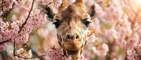 Giraffe surrounded by blooming pink cherry blossoms in spring garden setting, wildlife animal portrait with floral background for nature and seasonal designs.