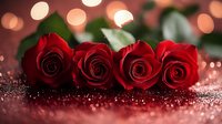 Four red roses arranged in row on glittery surface with warm bokeh lights background for romantic occasions and Valentine's Day celebrations.
