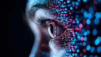 Close up view of human eye with digital data visualization effect, glowing blue and red particles creating futuristic cybersecurity concept.