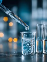 Glass pipette dropping liquid into laboratory beaker with bubbles forming in solution against blurred blue scientific background.