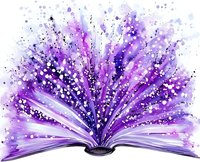 Magical open book with glowing purple pages and sparkling light effects, fantasy literature concept with mystical energy bursting from pages in watercolor style.
