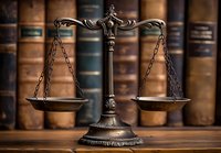 Vintage brass scales of justice against law library background, symbolizing legal system, jurisprudence and courtroom proceedings, balanced composition.
