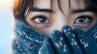 Young Asian woman with brown eyes wearing blue knitted scarf covering lower face, winter portrait with soft lighting and intimate gaze for lifestyle content.