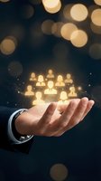 Businessman holding glowing user icons in open palm against dark background with bokeh lights, representing network, team management, human resources, and digital connection.