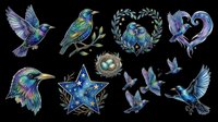 Watercolor blue and purple birds clipart set, isolated on transparent background. Includes flying birds, love pair, nest, star, wreath. Great for stickers, t-shirt design, print on demand.