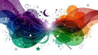 Abstract colorful flowing waves with celestial elements including stars, moon and cosmic swirls creating dynamic rainbow gradient background.