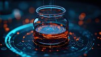 Glass jar with liquid on futuristic glowing circular interface with orange and blue neon lights against dark background, creating mystical sci-fi atmosphere.