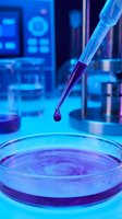 Pipette dispensing purple liquid sample into petri dish in modern laboratory setting with scientific equipment and blue lighting for research and development.