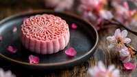 Pink mooncake with intricate floral pattern on dark plate surrounded by cherry blossom petals and flowers for Mid-Autumn Festival celebration.