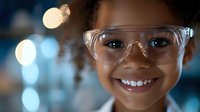Young African American girl wearing protective clear safety glasses smiles brightly against blurred blue bokeh background, showcasing STEM education and science enthusiasm.