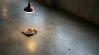 Abandoned industrial space with hanging pendant lamp illuminating scattered debris on concrete floor, conveying urban decay and desolation.