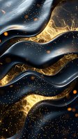 Abstract waves of navy blue and gold with glowing particles create luxurious marble-like pattern on dark background. Elegant design for premium packaging and decor.