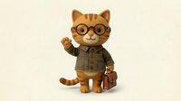 Orange tabby cat character wearing glasses and business suit with briefcase waving hello, professional mascot design isolated on beige background.