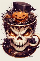 Spooky coffee cup with glowing skull face and Halloween pumpkin, bats, and bones floating in dark liquid. Artistic fantasy composition for seasonal decoration.