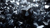 Dark crystal formation with sharp geometric edges emerging from black background, illuminated by dramatic lighting creating ethereal sparkle and reflection effects.