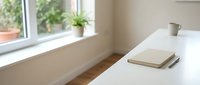 Minimalist white bathroom countertop with soap dispenser and towels near window with green plants creating serene spa-like atmosphere for home design.