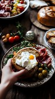 Rustic breakfast plate with poached egg on crusty bread, served with prosciutto, olives and cherry tomatoes on vintage ceramic plate. Dark moody food photography.