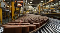 Chocolate candies moving on industrial conveyor belt production line in manufacturing facility, showing automated food processing and confectionery making process.