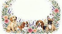 Watercolor dogs with floral wreath frame, golden retriever, spaniel, beagle, french bulldog, copy space on white background for greeting card design.