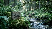 Wooden bicycle trail sign in lush green forest with flowing stream, ferns and moss. Nature hiking path marker for outdoor recreation and eco-tourism adventures.