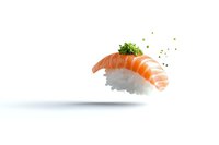 Fresh salmon nigiri sushi with rice and herbs floating in air on white background, minimalist food photography style for restaurant menu and advertising.