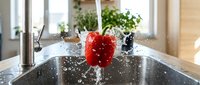 Red bell pepper being washed under running water in kitchen sink with water droplets splashing, fresh produce cleaning.