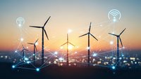 Smart wind turbines with digital connectivity icons at sunset generating renewable energy for sustainable power grid and environmental technology solutions.