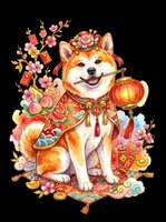Shiba Inu dog wearing traditional red and gold ceremonial clothing with floral crown, holding red lantern, surrounded by peonies and lucky coins on transparent background, ready for t-shirt design and print-on-demand products.