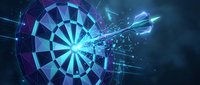 Glowing blue dartboard with luminous arrow hitting bullseye center surrounded by digital light effects and geometric fragments on dark background.