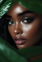 Close up portrait of young African American woman with green eyeshadow and glossy lips framed by tropical palm leaves, showing glowing skin and natural makeup.