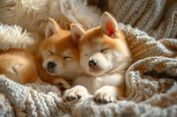 Two sleeping Shiba Inu puppies cuddling together on cozy knitted blanket, warm sunlight creating soft glow on their ginger fur. Perfect for pet care and lifestyle content.