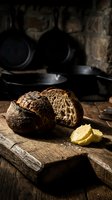 Artisan sourdough bread loaf sliced on rustic wooden board with butter and cast iron cookware in warm kitchen setting for baking and food styling.